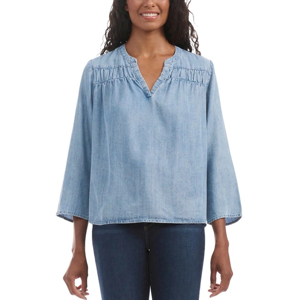 Splendid Blouse Top Size S Lagenlook Jean Blue Denim Chambray Soft 100% Lyocell